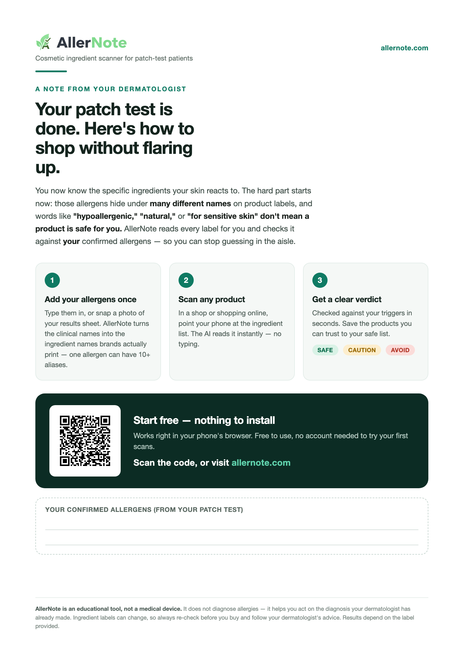 Preview of the AllerNote patient handout: 'Your patch test is done. Here's how to shop without flaring up.'